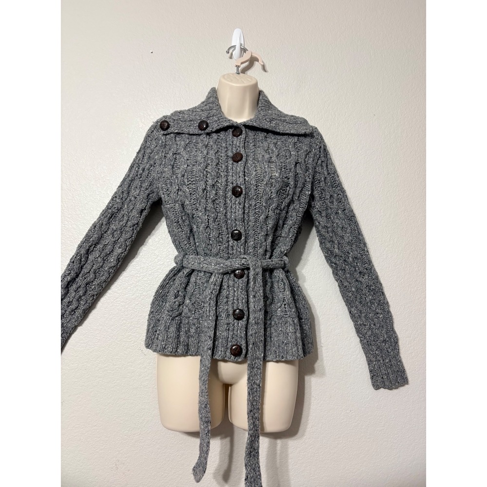 J.Crew Handknit Grey Wool Cashmere Cable Knit Belted Cardigan Sweater Small